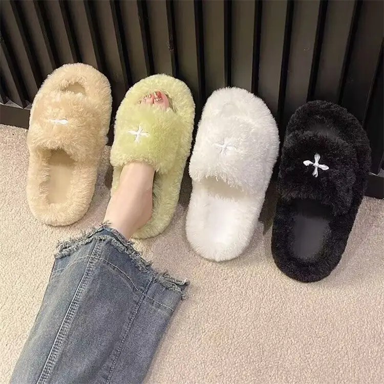 Mao Mao Slippers Women's 2024 New Korean Style One-word Outer Wear Autumn and Winter Thick Bottom Plush Household Indoor Cotton Slippers — feature 1