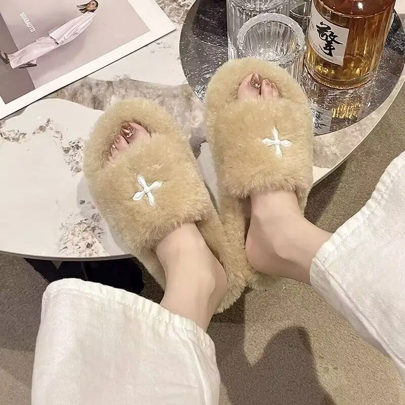 Mao Mao Slippers Women's 2024 New Korean Style One-word Outer Wear Autumn and Winter Thick Bottom Plush Household Indoor Cotton Slippers — feature 12