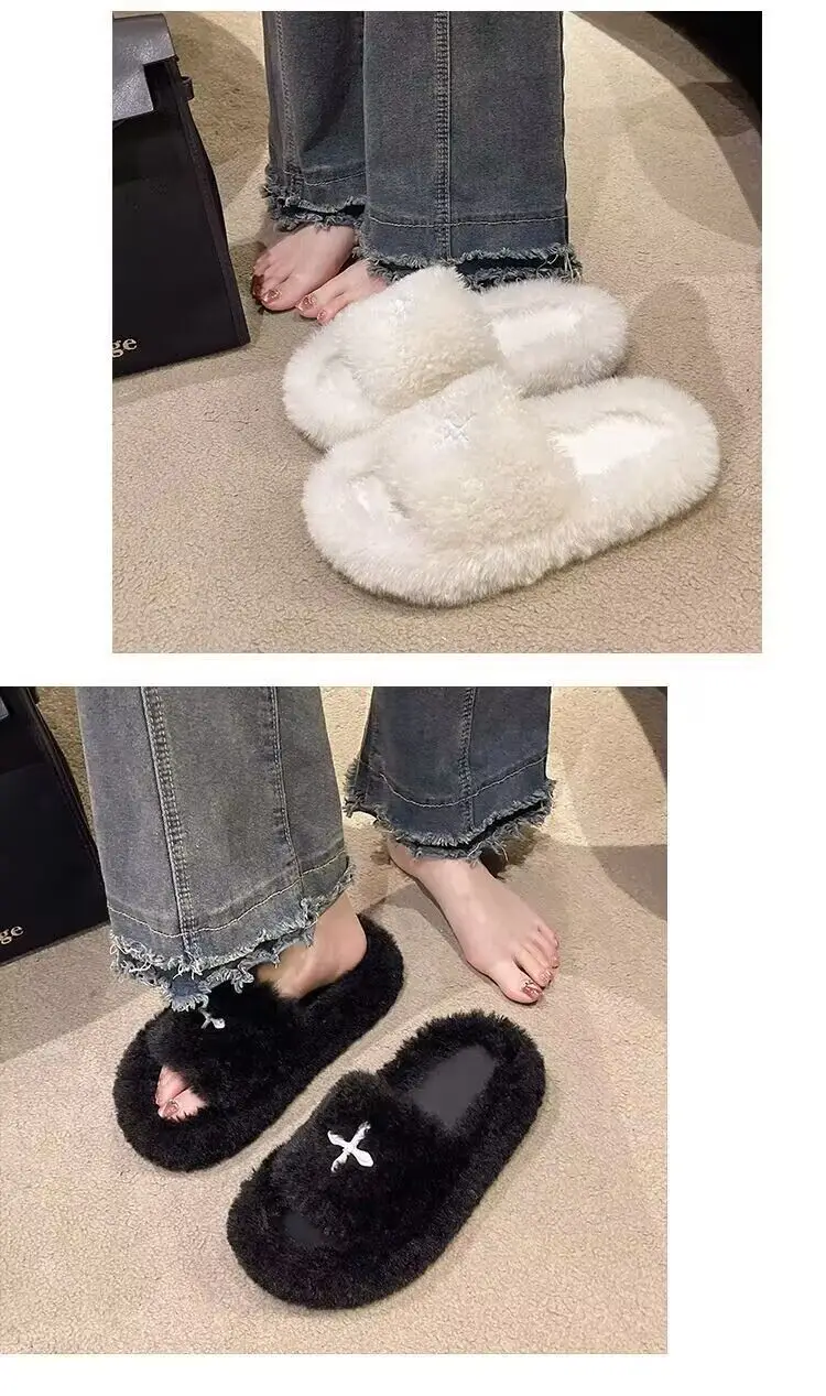 Mao Mao Slippers Women's 2024 New Korean Style One-word Outer Wear Autumn and Winter Thick Bottom Plush Household Indoor Cotton Slippers — feature 15