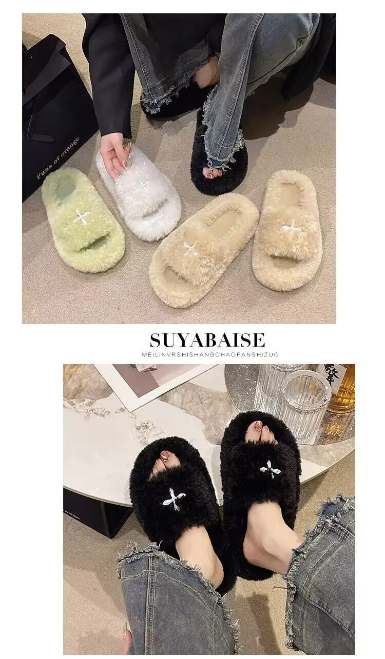 Mao Mao Slippers Women's 2024 New Korean Style One-word Outer Wear Autumn and Winter Thick Bottom Plush Household Indoor Cotton Slippers — feature 16