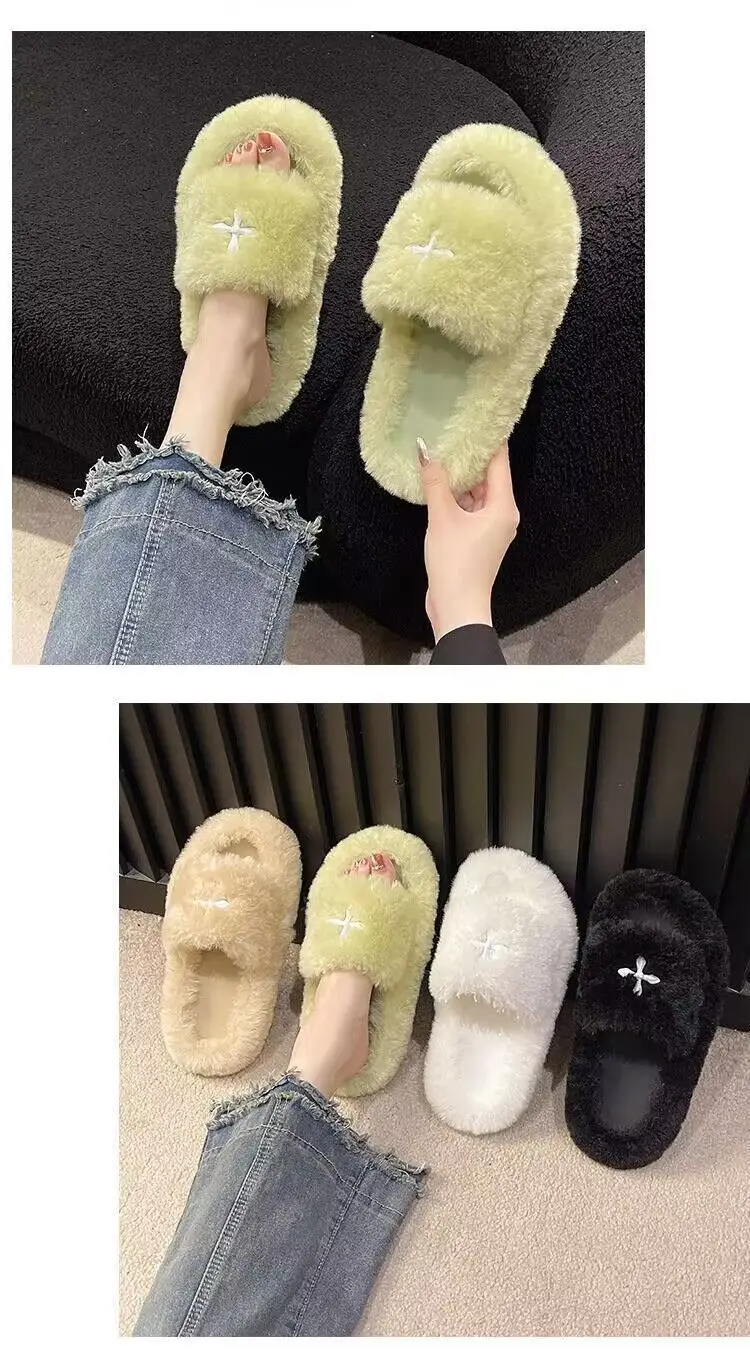 Mao Mao Slippers Women's 2024 New Korean Style One-word Outer Wear Autumn and Winter Thick Bottom Plush Household Indoor Cotton Slippers — feature 17