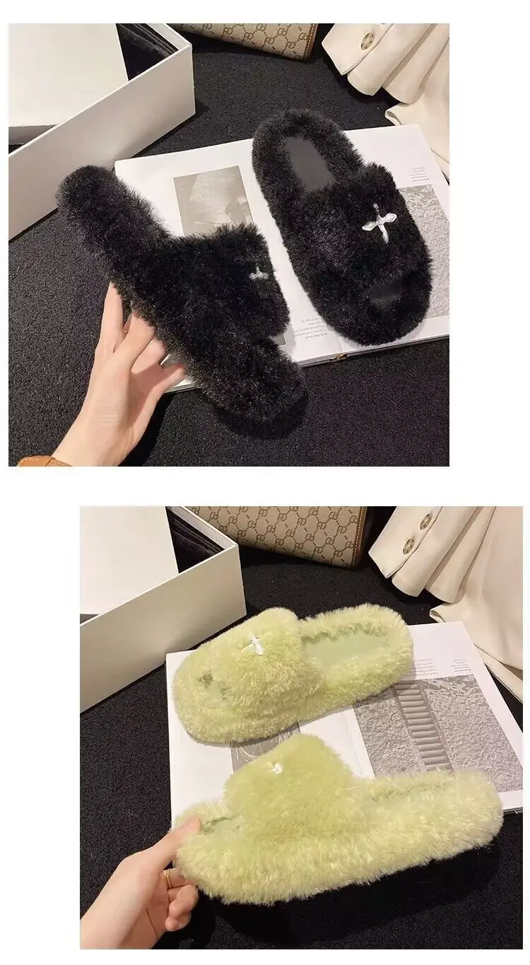 Mao Mao Slippers Women's 2024 New Korean Style One-word Outer Wear Autumn and Winter Thick Bottom Plush Household Indoor Cotton Slippers — feature 18