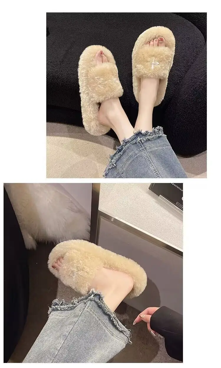 Mao Mao Slippers Women's 2024 New Korean Style One-word Outer Wear Autumn and Winter Thick Bottom Plush Household Indoor Cotton Slippers — feature 19