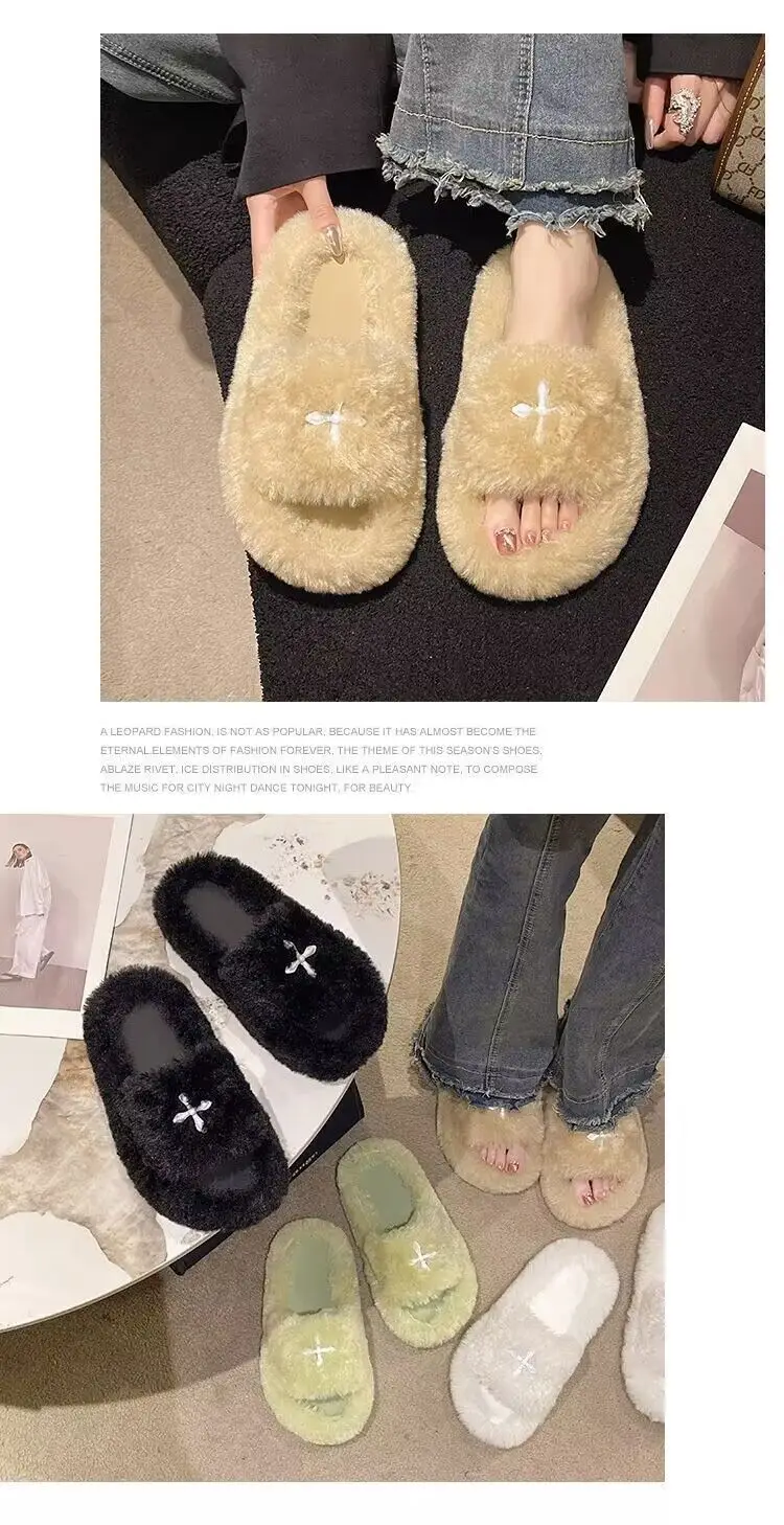 Mao Mao Slippers Women's 2024 New Korean Style One-word Outer Wear Autumn and Winter Thick Bottom Plush Household Indoor Cotton Slippers — feature 20