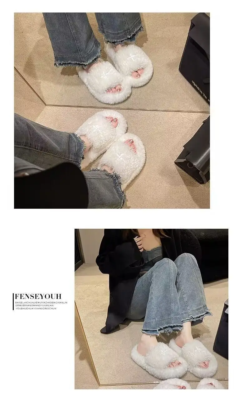 Mao Mao Slippers Women's 2024 New Korean Style One-word Outer Wear Autumn and Winter Thick Bottom Plush Household Indoor Cotton Slippers — feature 21