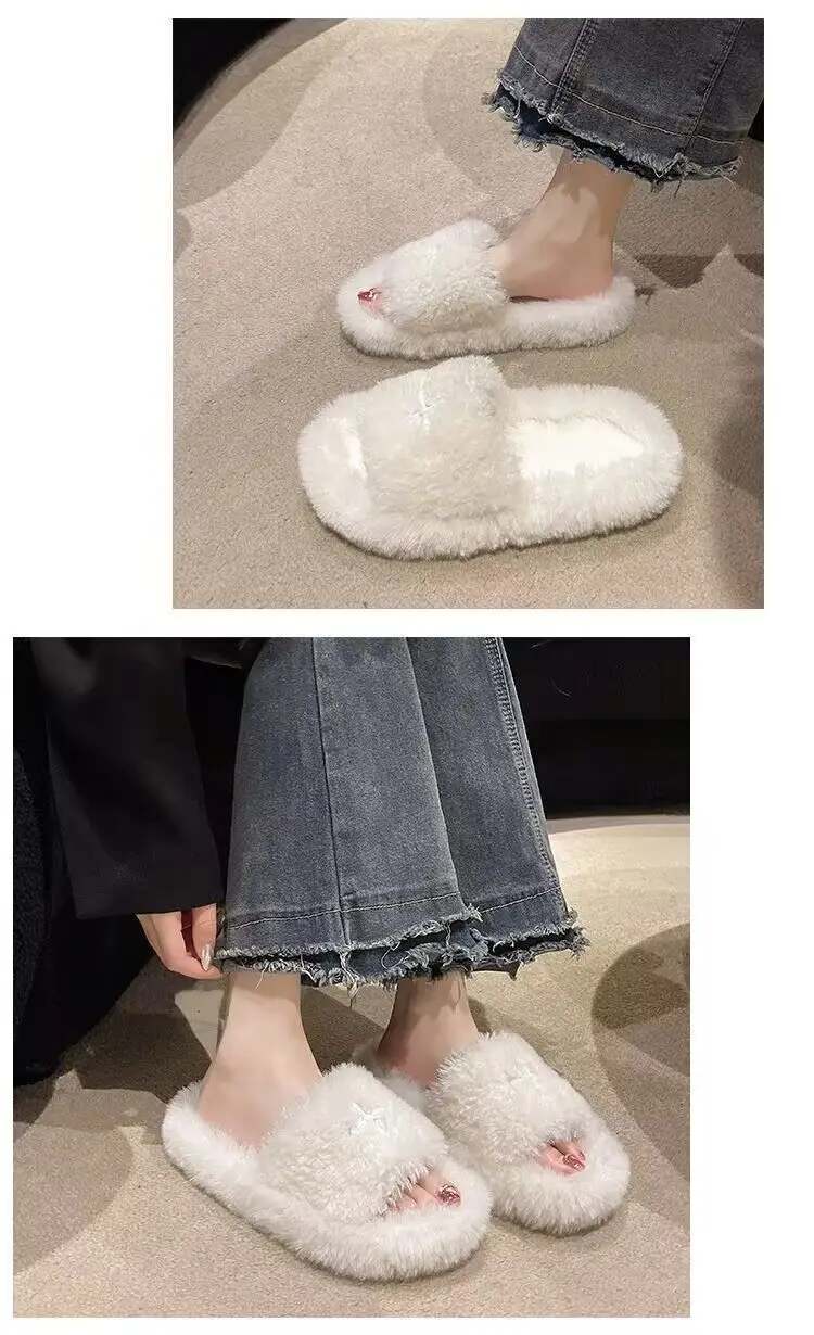 Mao Mao Slippers Women's 2024 New Korean Style One-word Outer Wear Autumn and Winter Thick Bottom Plush Household Indoor Cotton Slippers — feature 22