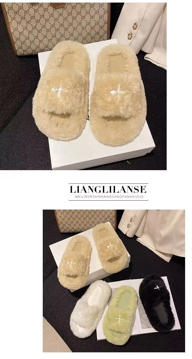 Mao Mao Slippers Women's 2024 New Korean Style One-word Outer Wear Autumn and Winter Thick Bottom Plush Household Indoor Cotton Slippers — feature 24