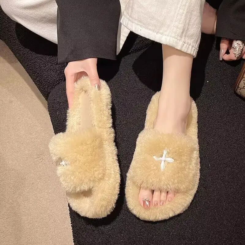 Mao Mao Slippers Women's 2024 New Korean Style One-word Outer Wear Autumn and Winter Thick Bottom Plush Household Indoor Cotton Slippers — feature 5