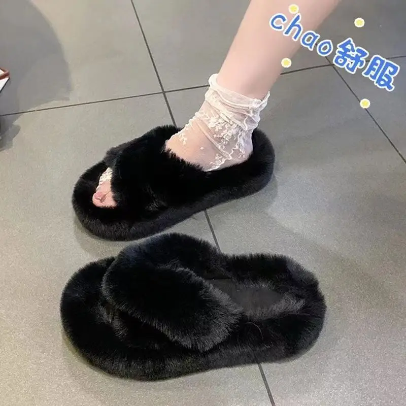 Mao Mao Slippers Women's 2024 New Korean Style One-word Outer Wear Autumn and Winter Thick Bottom Plush Household Indoor Cotton Slippers