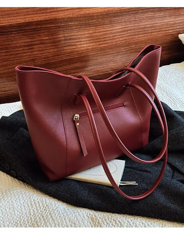 Women Large Capacity Red Leather Tote Bag - Image 10