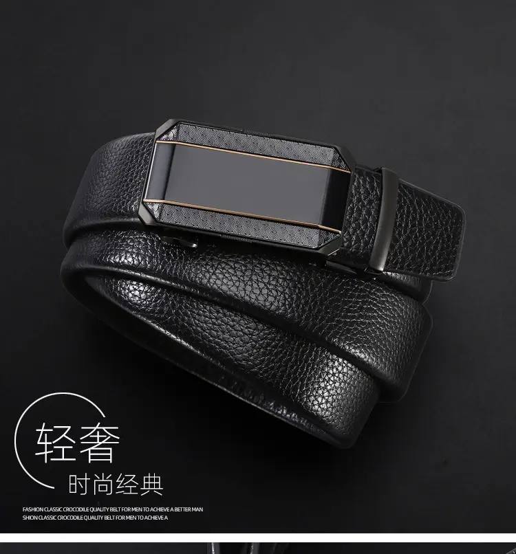 Men's Black Cowhide Belt with Automatic Buckle — feature 1