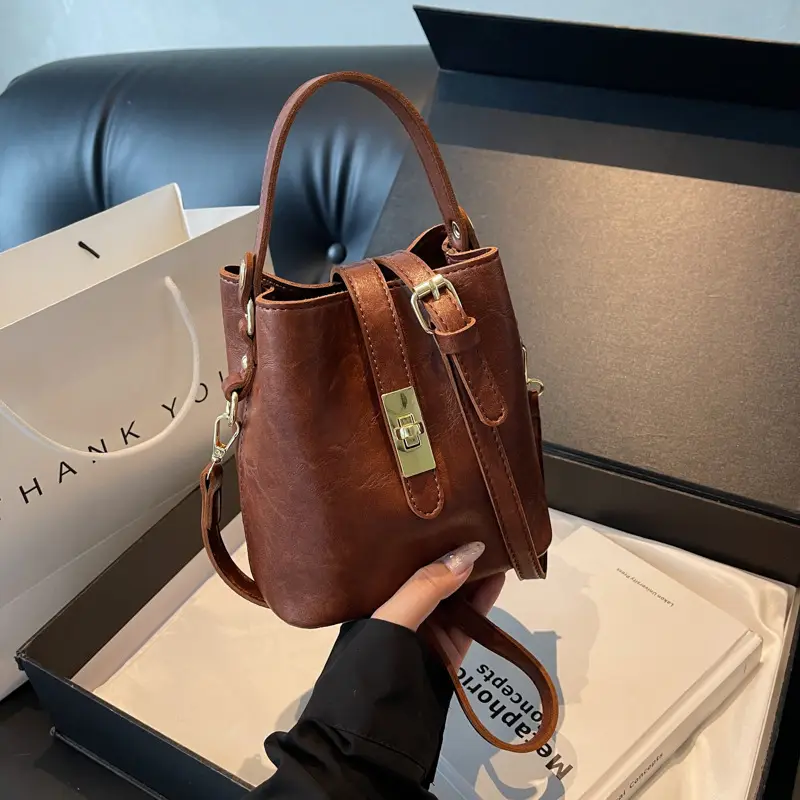 Women's Beige Bucket Bag with Gold Plated Handles - Image 5