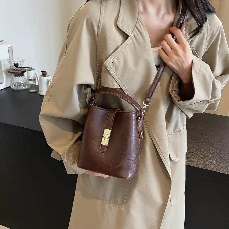 Women's Beige Bucket Bag with Gold Plated Handles - Image 7
