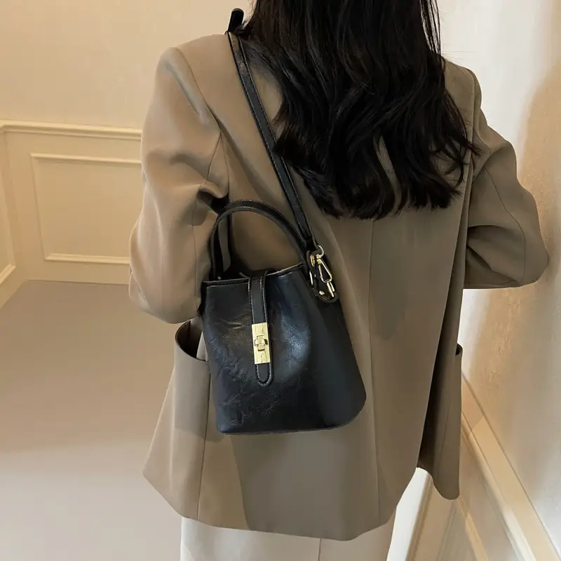 Women's Beige Bucket Bag with Gold Plated Handles - Image 8