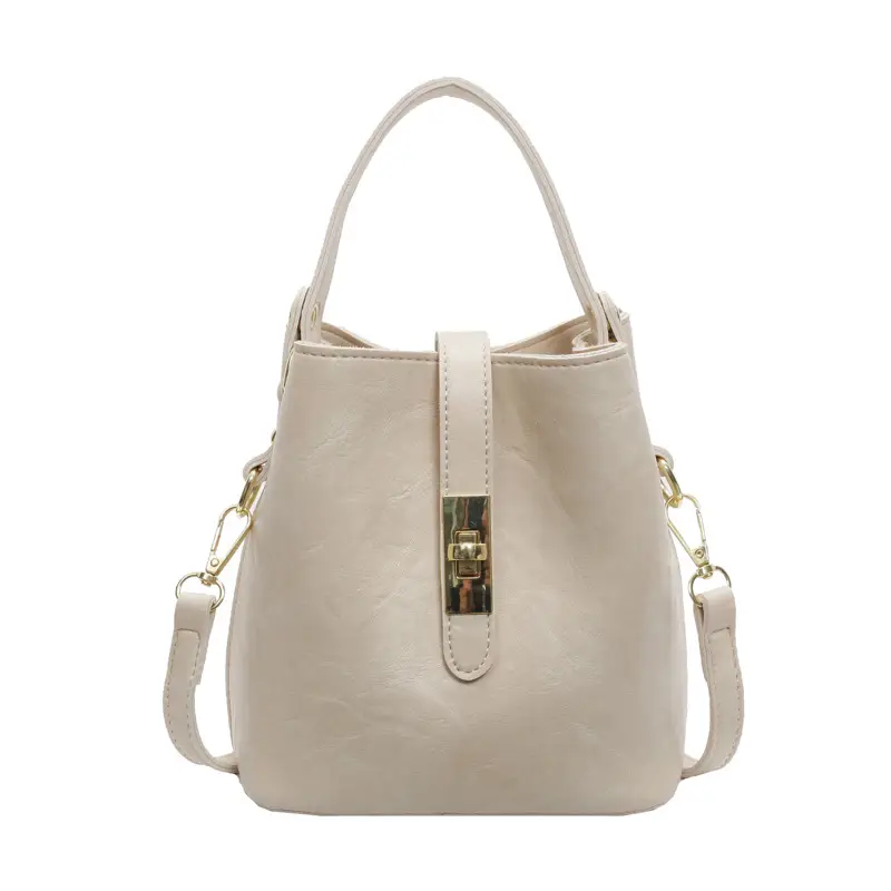 Women's Beige Bucket Bag with Gold Plated Handles - Image 9