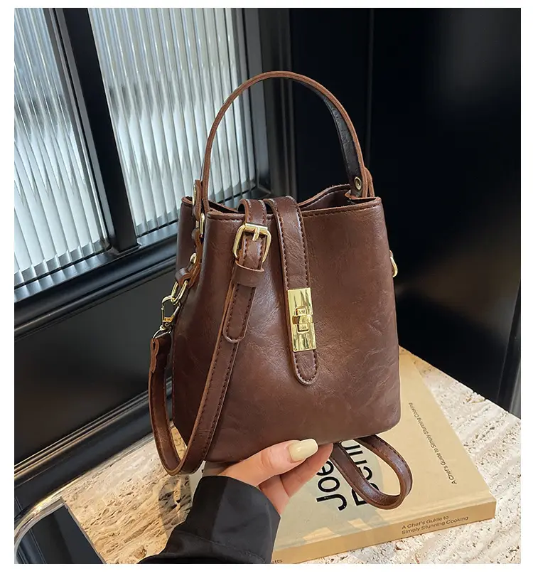 Women's Beige Bucket Bag with Gold Plated Handles — feature 1