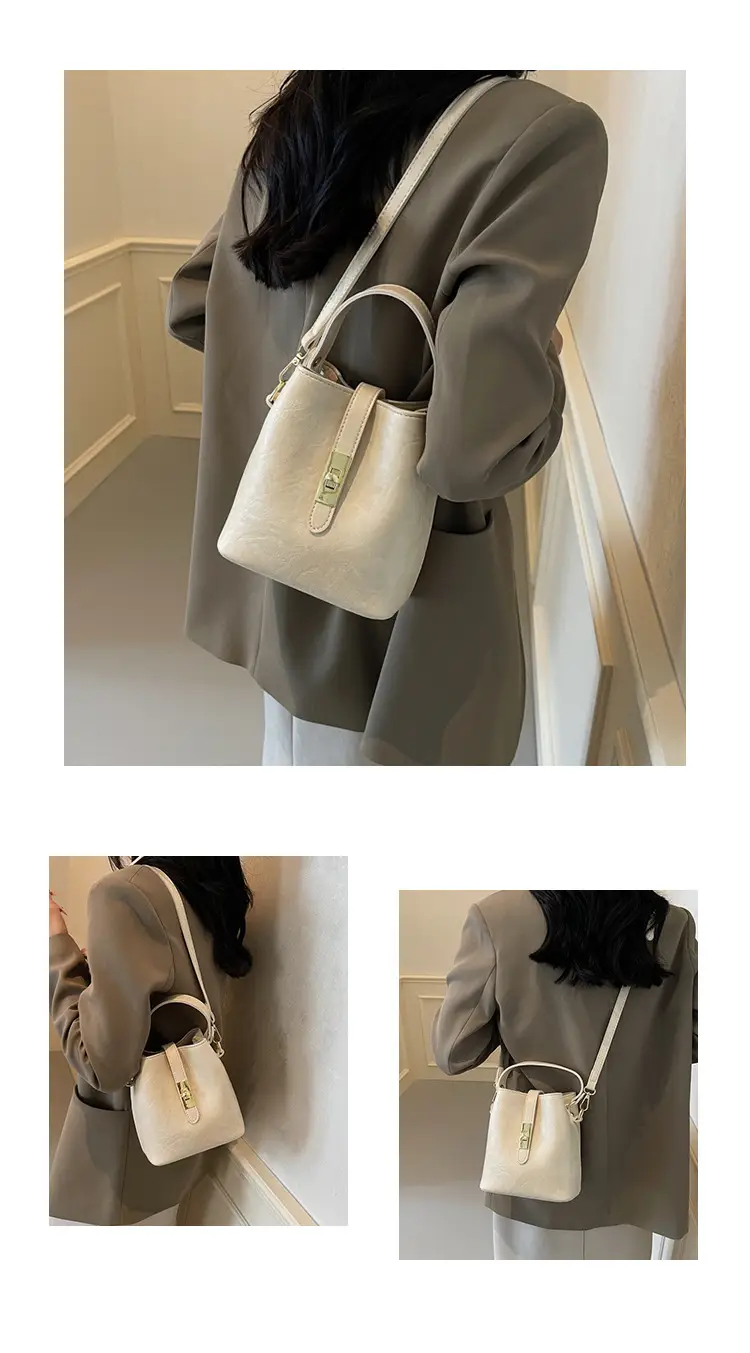 Women's Beige Bucket Bag with Gold Plated Handles — feature 14