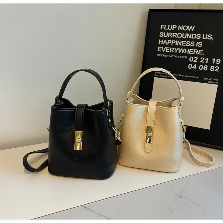 Women's Beige Bucket Bag with Gold Plated Handles — feature 16