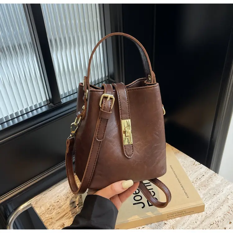 Women's Beige Bucket Bag with Gold Plated Handles — feature 17