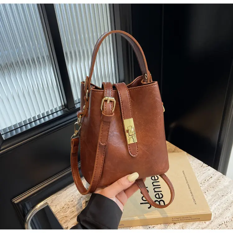 Women's Beige Bucket Bag with Gold Plated Handles — feature 18