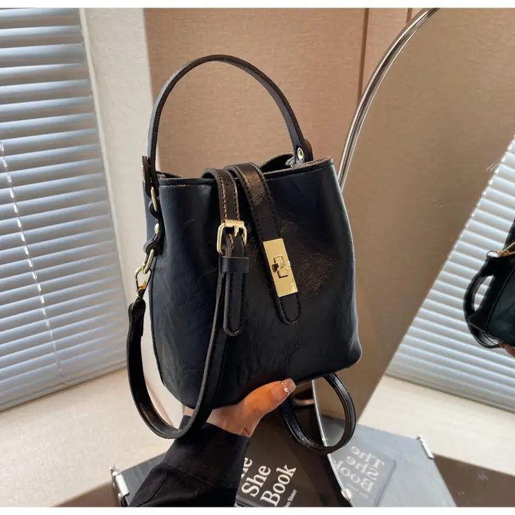 Women's Beige Bucket Bag with Gold Plated Handles — feature 19