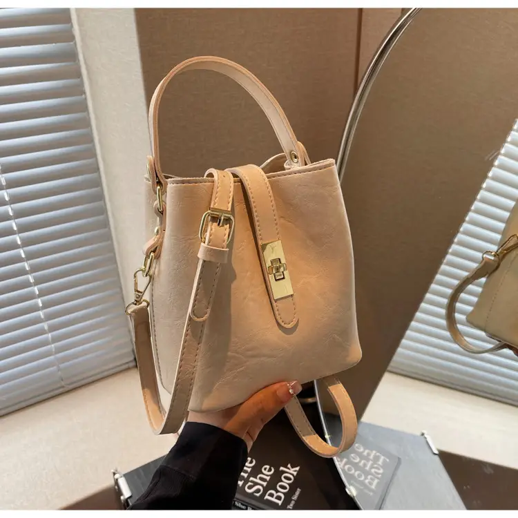 Women's Beige Bucket Bag with Gold Plated Handles — feature 20
