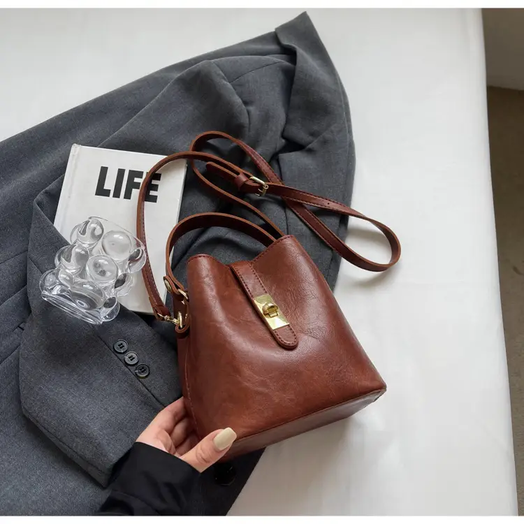 Women's Beige Bucket Bag with Gold Plated Handles — feature 21