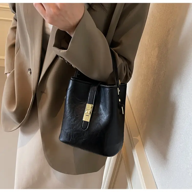 Women's Beige Bucket Bag with Gold Plated Handles — feature 26