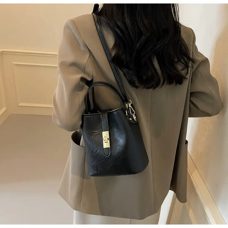 Women's Beige Bucket Bag with Gold Plated Handles — feature 27
