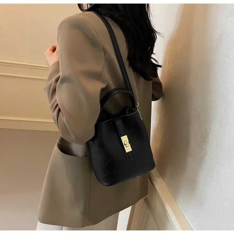Women's Beige Bucket Bag with Gold Plated Handles — feature 28