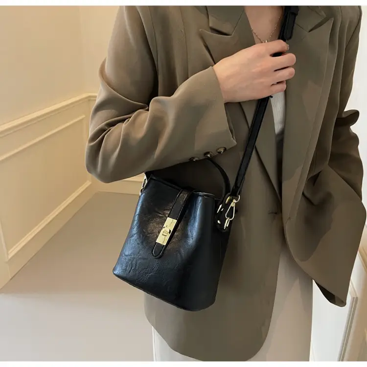 Women's Beige Bucket Bag with Gold Plated Handles — feature 30