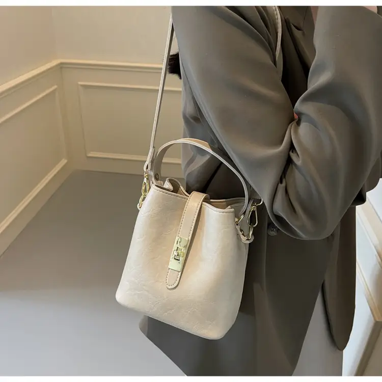 Women's Beige Bucket Bag with Gold Plated Handles — feature 32