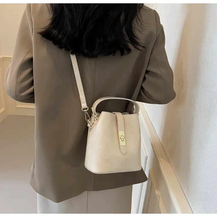 Women's Beige Bucket Bag with Gold Plated Handles — feature 33