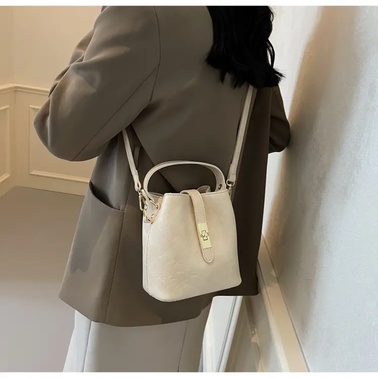 Women's Beige Bucket Bag with Gold Plated Handles — feature 35
