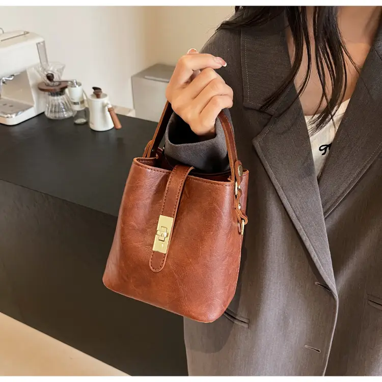 Women's Beige Bucket Bag with Gold Plated Handles — feature 36