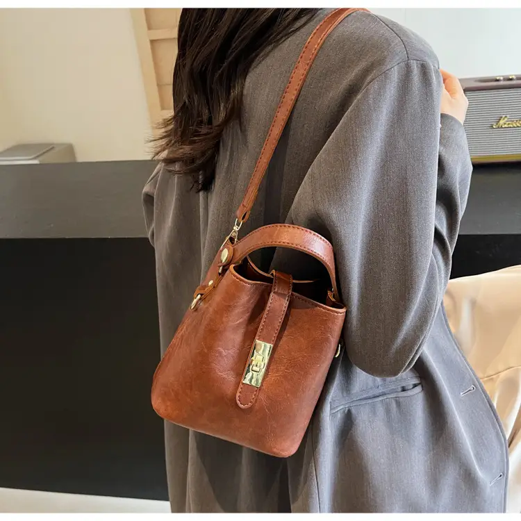 Women's Beige Bucket Bag with Gold Plated Handles — feature 37