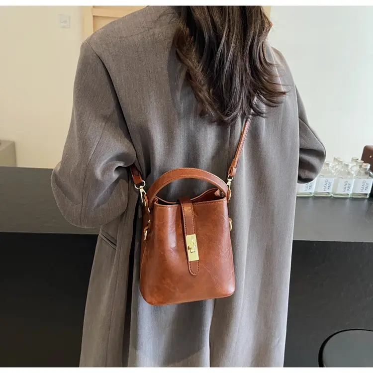Women's Beige Bucket Bag with Gold Plated Handles — feature 38