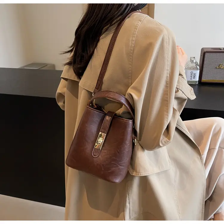 Women's Beige Bucket Bag with Gold Plated Handles — feature 41