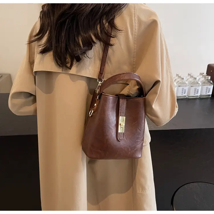 Women's Beige Bucket Bag with Gold Plated Handles — feature 42