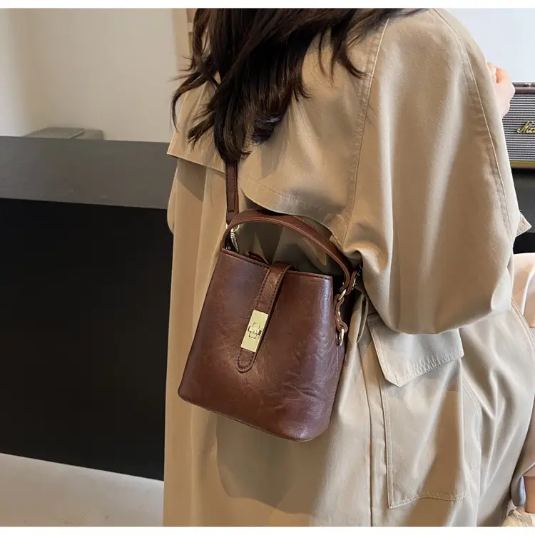 Women's Beige Bucket Bag with Gold Plated Handles — feature 43