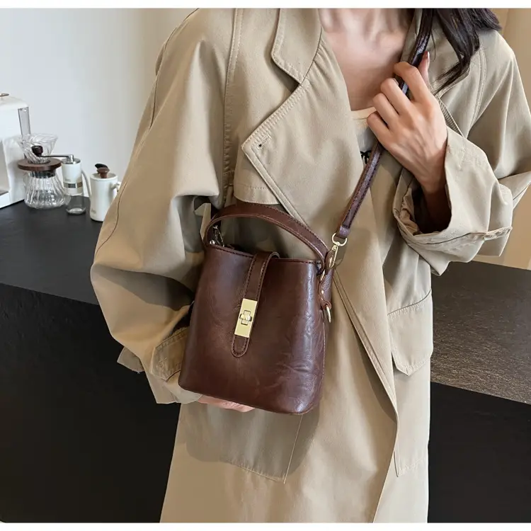 Women's Beige Bucket Bag with Gold Plated Handles — feature 44