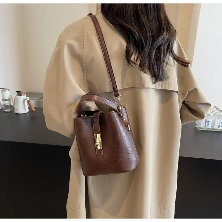 Women's Beige Bucket Bag with Gold Plated Handles — feature 45