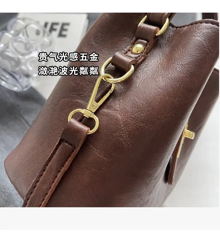Women's Beige Bucket Bag with Gold Plated Handles — feature 5