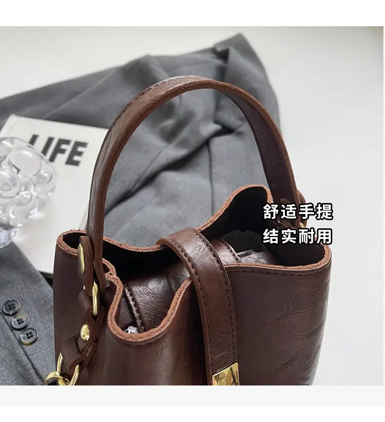 Women's Beige Bucket Bag with Gold Plated Handles — feature 6