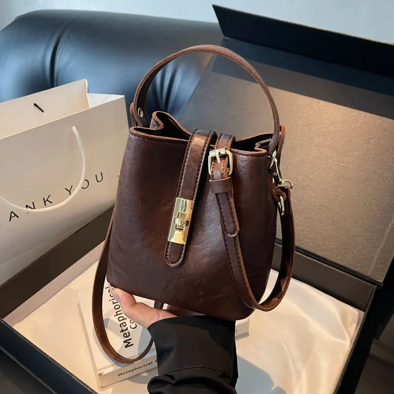 Women's Beige Bucket Bag with Gold Plated Handles - Image 4