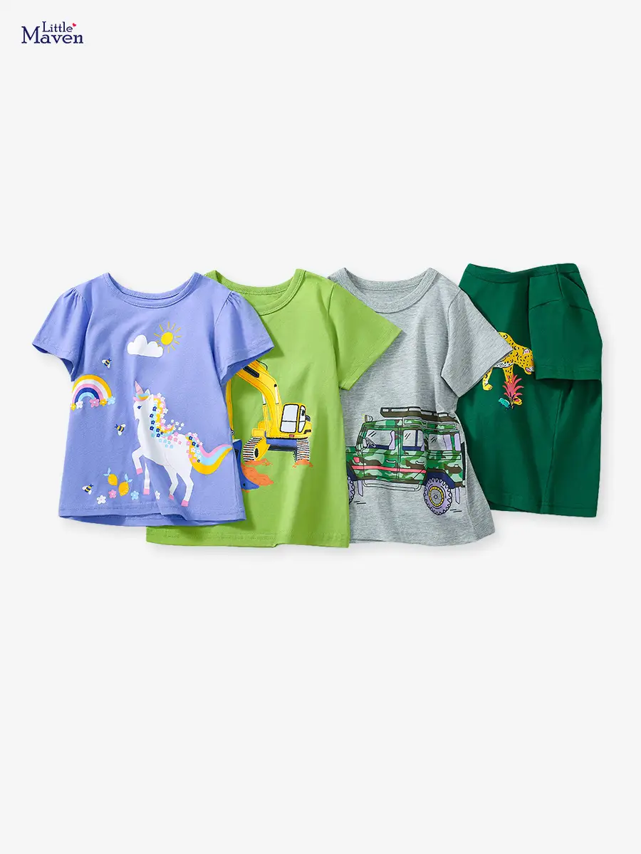 Kids Cartoon T-Shirts Set 2025 Summer Boys Green Gray Blue