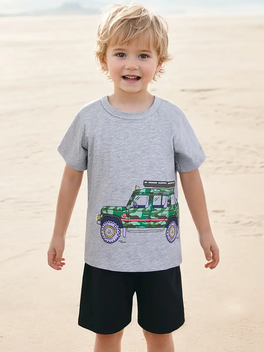 Kids Cartoon T-Shirts Set 2025 Summer Boys Green Gray Blue