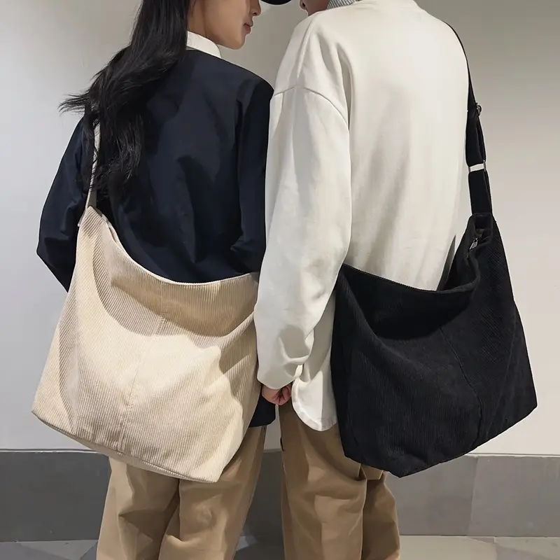 Vintage Grey Corduroy Shoulder Bag for Women