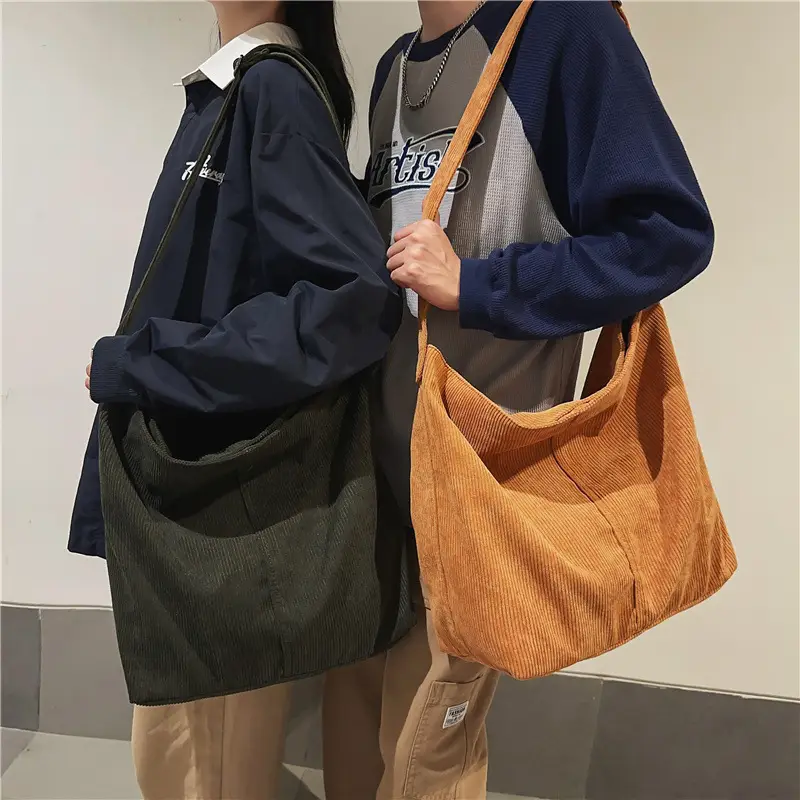 Vintage Grey Corduroy Shoulder Bag for Women