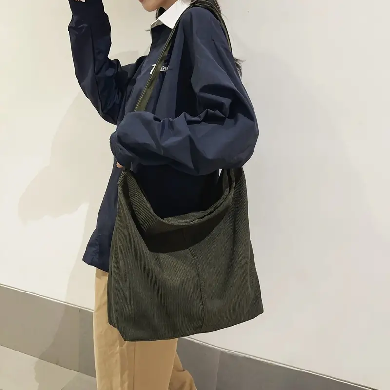 Vintage Grey Corduroy Shoulder Bag for Women